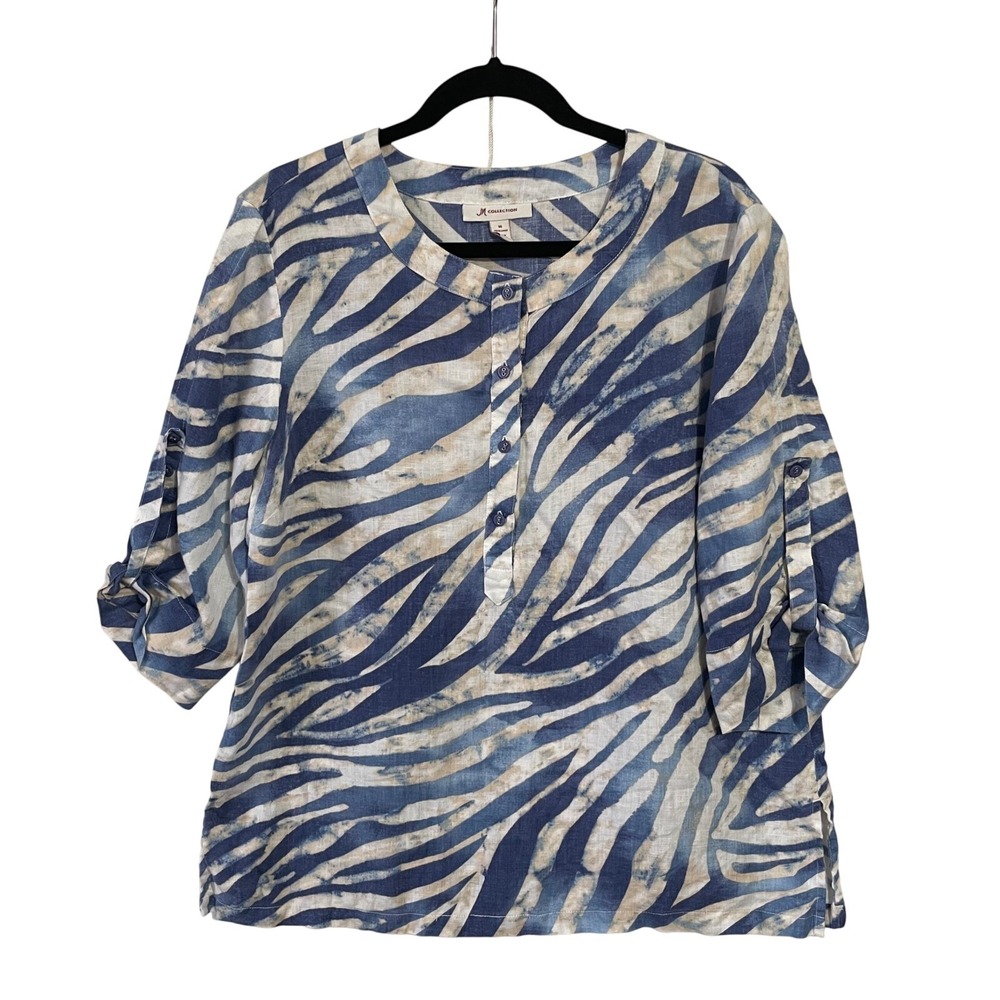 JM Collection Linen Women Top Blue Zebra Print 3/4 Sleeve Button Accent Size 14